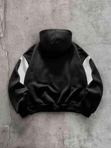 AXEPEAK Men's Patchwork Contrast Color Embroidered Long Sleeve Streetwear Hoodie Airport Airplane Black And White Autumn - Black and White - View 2