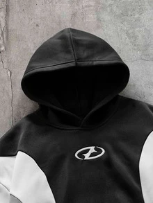 AXEPEAK Men's Patchwork Contrast Color Embroidered Long Sleeve Streetwear Hoodie Airport Airplane Black And White Autumn - Black and White - View 3