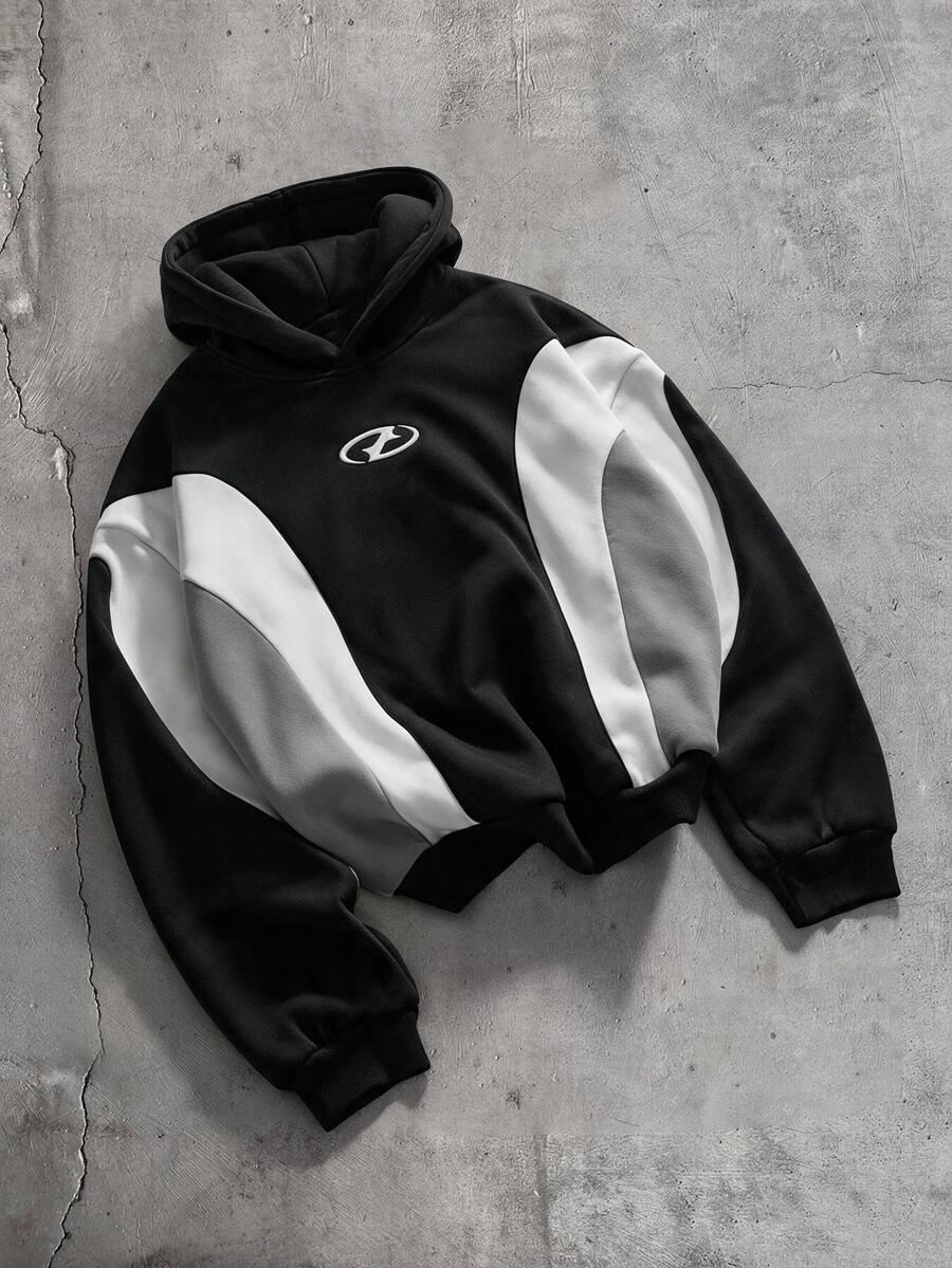 AXEPEAK Men's Patchwork Contrast Color Embroidered Long Sleeve Streetwear Hoodie Airport Airplane Black And White Autumn - Black and White - View 1