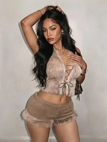 BamGleam YK2 Sexy Elegant Girl With A Revealing Neck And Back Design. Front Middle Tie Straps, Style For A Fur Vest-Style Top. Going Out Brown Winter - Khaki - View 2