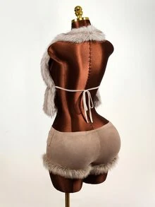 BamGleam YK2 Sexy Elegant Girl With A Revealing Neck And Back Design. Front Middle Tie Straps, Style For A Fur Vest-Style Top. Going Out Brown Winter - Khaki - View 6