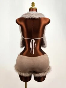 BamGleam YK2 Sexy Elegant Girl With A Revealing Neck And Back Design. Front Middle Tie Straps, Style For A Fur Vest-Style Top. Going Out Brown Winter - Khaki - View 3