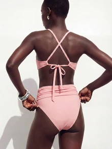 Maija Women's Ruched Halter Neck Vacation Tankini Swimwear Set Bathing Suits For Women - Pink - View 3