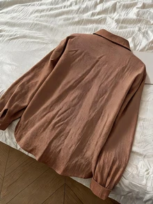 DAZY Women's Cotton Blend Loose Fit Solid Purple Casual Versatile Everyday Shirt Vacation Long Sleeve Tops - Coffee Brown - View 7