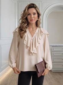 Medorina Formal Luxury Office, Peplum Ruffles,Business Social Dinner, Work Meeting, Date Night,Fall Autumn Clothes - Apricot - View 3