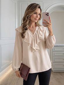Medorina Formal Luxury Office, Peplum Ruffles,Business Social Dinner, Work Meeting, Date Night,Fall Autumn Clothes - Apricot - View 6