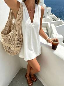 Pariaura Minimalist White Linen Sleeveless V-Neck Dress / Relaxed A-Line Dress / Korean Soft Style / Daily Commute Short Dress - White - View 6