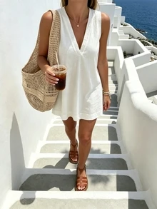 Pariaura Minimalist White Linen Sleeveless V-Neck Dress / Relaxed A-Line Dress / Korean Soft Style / Daily Commute Short Dress - White - View 5