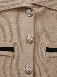 SHEIN Fall Elegant Polo Collar Knit Cardigan, Women Slim Fit Long Sleeve Button Front Contrast Trim Pocket - Khaki - View 8