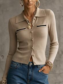 SHEIN Fall Elegant Polo Collar Knit Cardigan, Women Slim Fit Long Sleeve Button Front Contrast Trim Pocket - Khaki - View 1