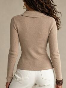 SHEIN Fall Elegant Polo Collar Knit Cardigan, Women Slim Fit Long Sleeve Button Front Contrast Trim Pocket - Khaki - View 2