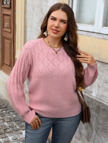 EMERY ROSE Plus Size Women Solid Color Round Neck Long Sleeve Casual Pullover Sweater Winter, Women Fall Winter Sweater - Pink - View 2