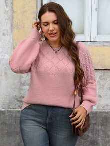 EMERY ROSE Plus Size Women Solid Color Round Neck Long Sleeve Casual Pullover Sweater Winter, Women Fall Winter Sweater - Pink - View 6