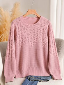 EMERY ROSE Plus Size Women Solid Color Round Neck Long Sleeve Casual Pullover Sweater Winter, Women Fall Winter Sweater - Pink - View 1