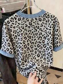 Resyla Plus Size Women's T-Shirt, Round Neck Short Sleeve Loose Fit, Casual Suitable For Daily Wear And Dating Occasions, Summer Top, Leopard Print Silver - Multicolor - View 2