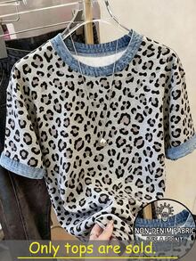 Resyla Plus Size Women's T-Shirt, Round Neck Short Sleeve Loose Fit, Casual Suitable For Daily Wear And Dating Occasions, Summer Top, Leopard Print Silver - Multicolor - View 1