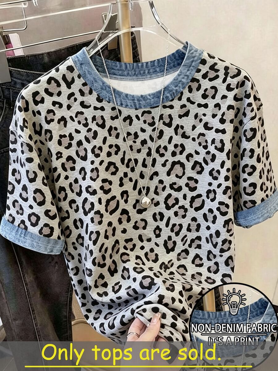 Resyla Plus Size Women's T-Shirt, Round Neck Short Sleeve Loose Fit, Casual Suitable For Daily Wear And Dating Occasions, Summer Top, Leopard Print Silver - Multicolor - View 1