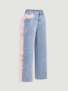BriallanyX BriallanyX Women's Pink Feather Pocket Straight Leg Denim Jeans - Blue - View 8