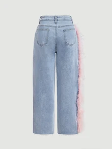 BriallanyX BriallanyX Women's Pink Feather Pocket Straight Leg Denim Jeans - Blue - View 9