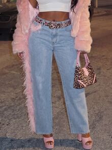 BriallanyX BriallanyX Women's Pink Feather Pocket Straight Leg Denim Jeans - Blue - View 2