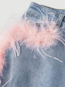 BriallanyX BriallanyX Women's Pink Feather Pocket Straight Leg Denim Jeans - Blue - View 10