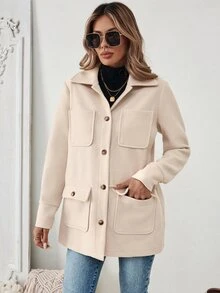 SHEIN PariChic 秋季休闲纯色多口袋夹克，女士深秋休闲前扣，口袋常规袖领宽松杏色纯色女士外套，休闲日常穿着 - 杏色 - 查看 6