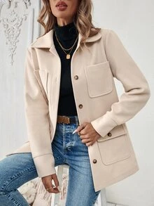 SHEIN PariChic 秋季休闲纯色多口袋夹克，女士深秋休闲前扣，口袋常规袖领宽松杏色纯色女士外套，休闲日常穿着 - 杏色 - 查看 4