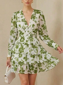 BELROSIE Floral Print Ruffle Hem Long Sleeve Dress Vacation Outfits Woman  Fall Cloth For Women - Green - View 1