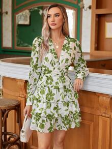 BELROSIE Floral Print Ruffle Hem Long Sleeve Dress Vacation Outfits Woman  Fall Cloth For Women - Green - View 4
