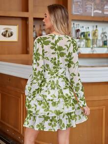 BELROSIE Floral Print Ruffle Hem Long Sleeve Dress Vacation Outfits Woman  Fall Cloth For Women - Green - View 2