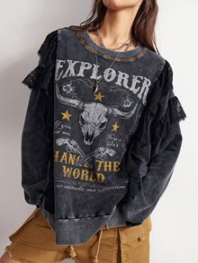 Bohemela Women's Letter Print Lace Patchwork Long Sleeve Sweatshirt Rave Everyday Going Out Concert Dark Grey Autumn Grunge Streetwear Country - Black - View 5