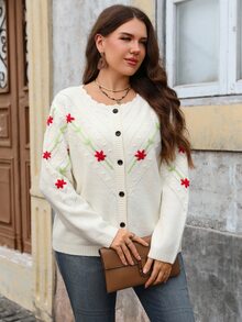 EMERY ROSE Plus Size Women's 3D Floral Decor Long Sleeve Single-Breasted Knit Cardigan Winter,Women Fall Winter Sweater - Apricot - View 6