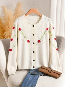 EMERY ROSE Plus Size Women's 3D Floral Decor Long Sleeve Single-Breasted Knit Cardigan Winter,Women Fall Winter Sweater - Apricot - View 1
