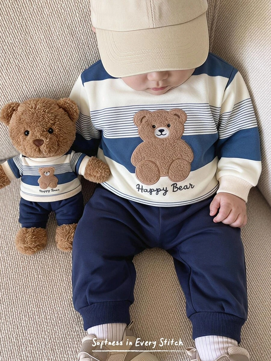 LMoss Kids Kids Baby Boy Cartoon Bear Pattern Striped Knit Soft Crew Neck Long Sleeve Pullover Sweatshirt And Elastic Waist Long Pants 2 Pieces Set, Suitable For Autumn/Winter - Multicolor - View 1
