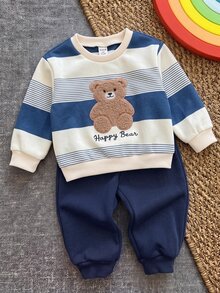 LMoss Kids Kids Baby Boy Cartoon Bear Pattern Striped Knit Soft Crew Neck Long Sleeve Pullover Sweatshirt And Elastic Waist Long Pants 2 Pieces Set, Suitable For Autumn/Winter - Multicolor - View 4