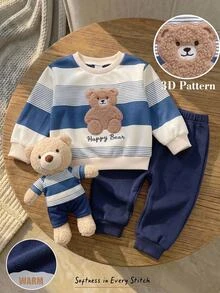 LMoss Kids Kids Baby Boy Cartoon Bear Pattern Striped Knit Soft Crew Neck Long Sleeve Pullover Sweatshirt And Elastic Waist Long Pants 2 Pieces Set, Suitable For Autumn/Winter - Multicolor - View 2