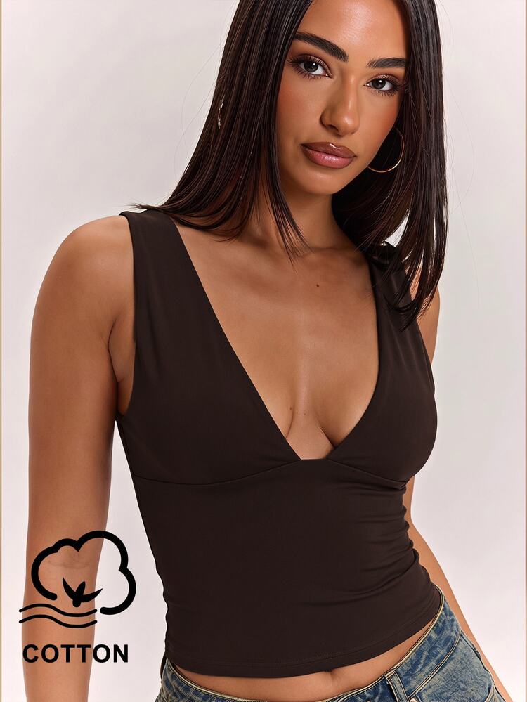 SHEIN BAE Solid Color V-Neck Slim Fit Women's Tank Top, Versatile All-Match Style, Wardrobe Essential, Suitable For Office, All Season Wear, Brown Top, Casual Top - Brown - View 1