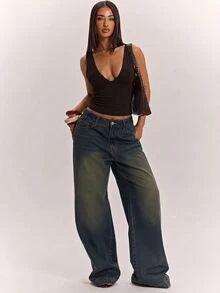 SHEIN BAE 純色V領修身女款背心，百搭風格，衣櫥必備，適合辦公室，四季穿著，棕色上衣，休閒上衣 - 棕色 - 查看 5
