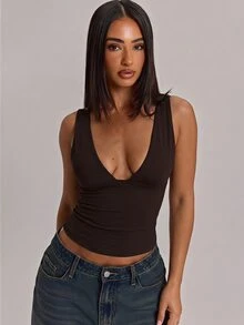 SHEIN BAE 純色V領修身女款背心，百搭風格，衣櫥必備，適合辦公室，四季穿著，棕色上衣，休閒上衣 - 棕色 - 查看 4