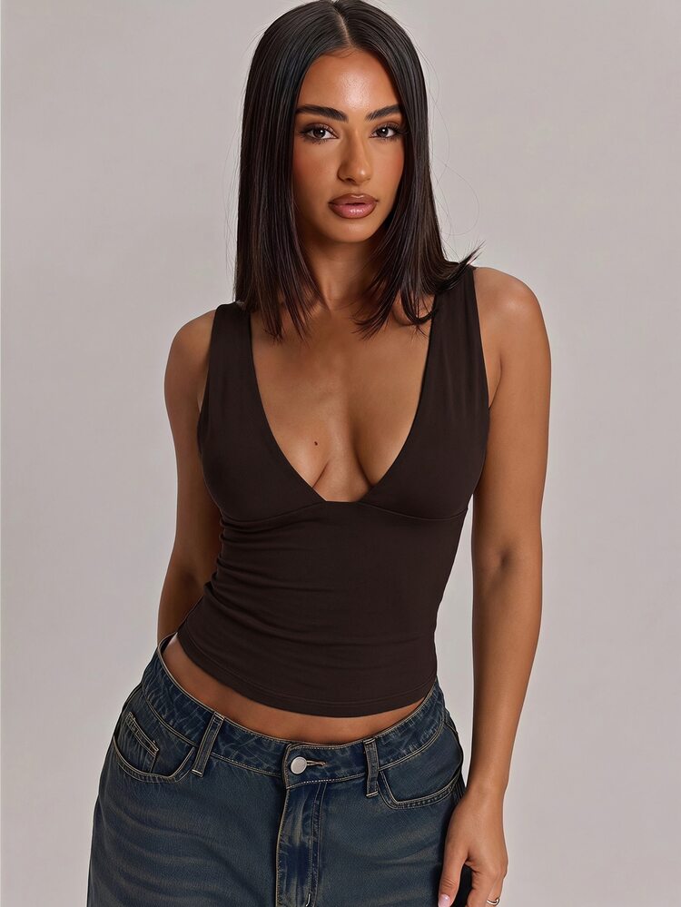 SHEIN BAE Solid Color V-Neck Slim Fit Women's Tank Top, Versatile All-Match Style, Wardrobe Essential, Suitable For Office, All Season Wear, Brown Top, Casual Top - Brown - View 4