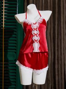 SilkySpell Conjunto de Pijama Feminino com Decote em V Sexy, em Seda Sintética Vinho e Renda Contrastante - Vinho - Visão 6