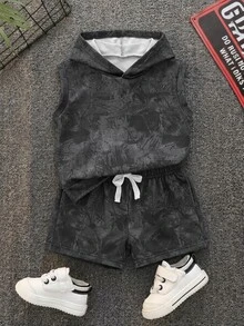SHEIN 男嬰 2件組 春夏休閒時尚黑色紮染連帽無袖T恤套裝 嬰兒街頭風 - 黑色 - 查看 2