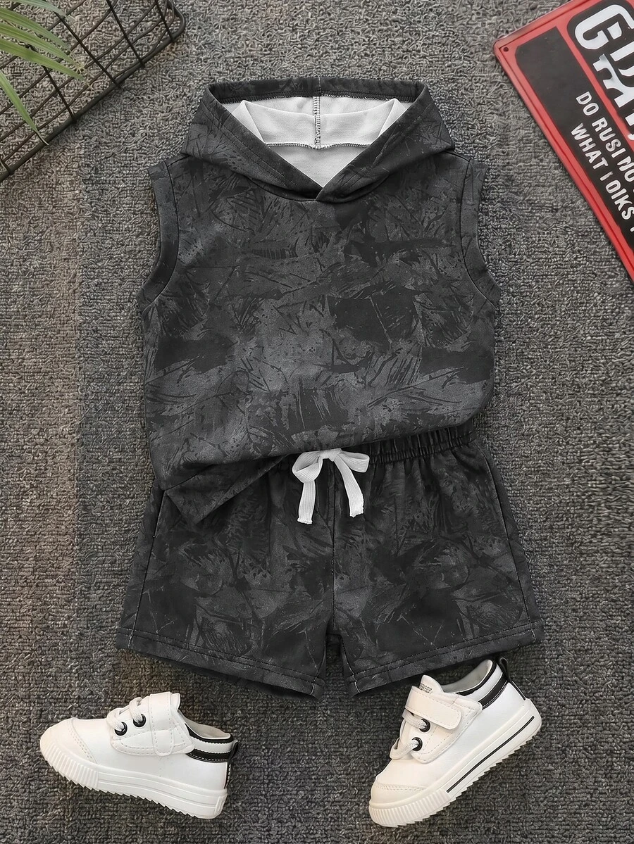 SHEIN 男嬰 2件組 春夏休閒時尚黑色紮染連帽無袖T恤套裝 嬰兒街頭風