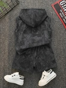 SHEIN 男嬰 2件組 春夏休閒時尚黑色紮染連帽無袖T恤套裝 嬰兒街頭風 - 黑色 - 查看 3