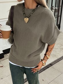 Livesso Women's Winter Grey V-Neck Sleeveless Solid Color Loose Ribbed Knit Casual Versatile Sweater Vest - Grey - View 4