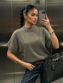 Livesso Women's Winter Grey V-Neck Sleeveless Solid Color Loose Ribbed Knit Casual Versatile Sweater Vest - Grey - View 8