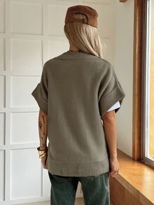 Livesso Women's Winter Grey V-Neck Sleeveless Solid Color Loose Ribbed Knit Casual Versatile Sweater Vest - Grey - View 2