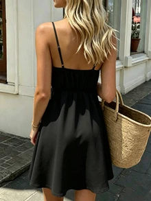 SHEIN PariChic 女款休閒純色細肩帶蕾絲拼接洋裝，適合夏季祭典、派對、海灘、畢業典禮 - 黑色 - 查看 2