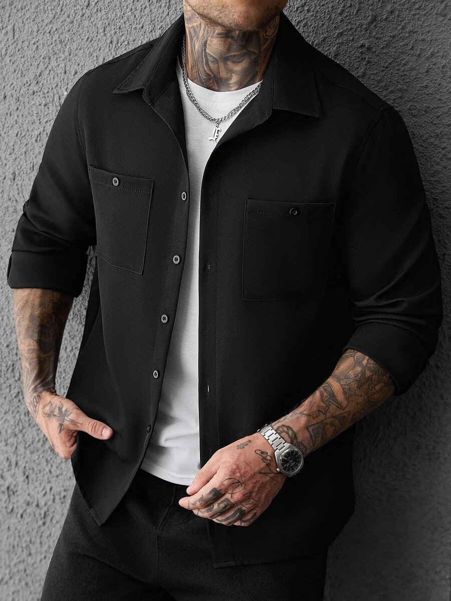 SLATEMANN Men's Single-Breasted Long Sleeve Pocket Shirt Casual Everyday Wear - Black - View 1