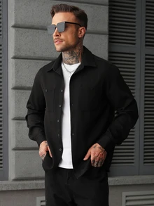 SLATEMANN Men's Single-Breasted Long Sleeve Pocket Shirt Casual Everyday Wear - Black - View 5